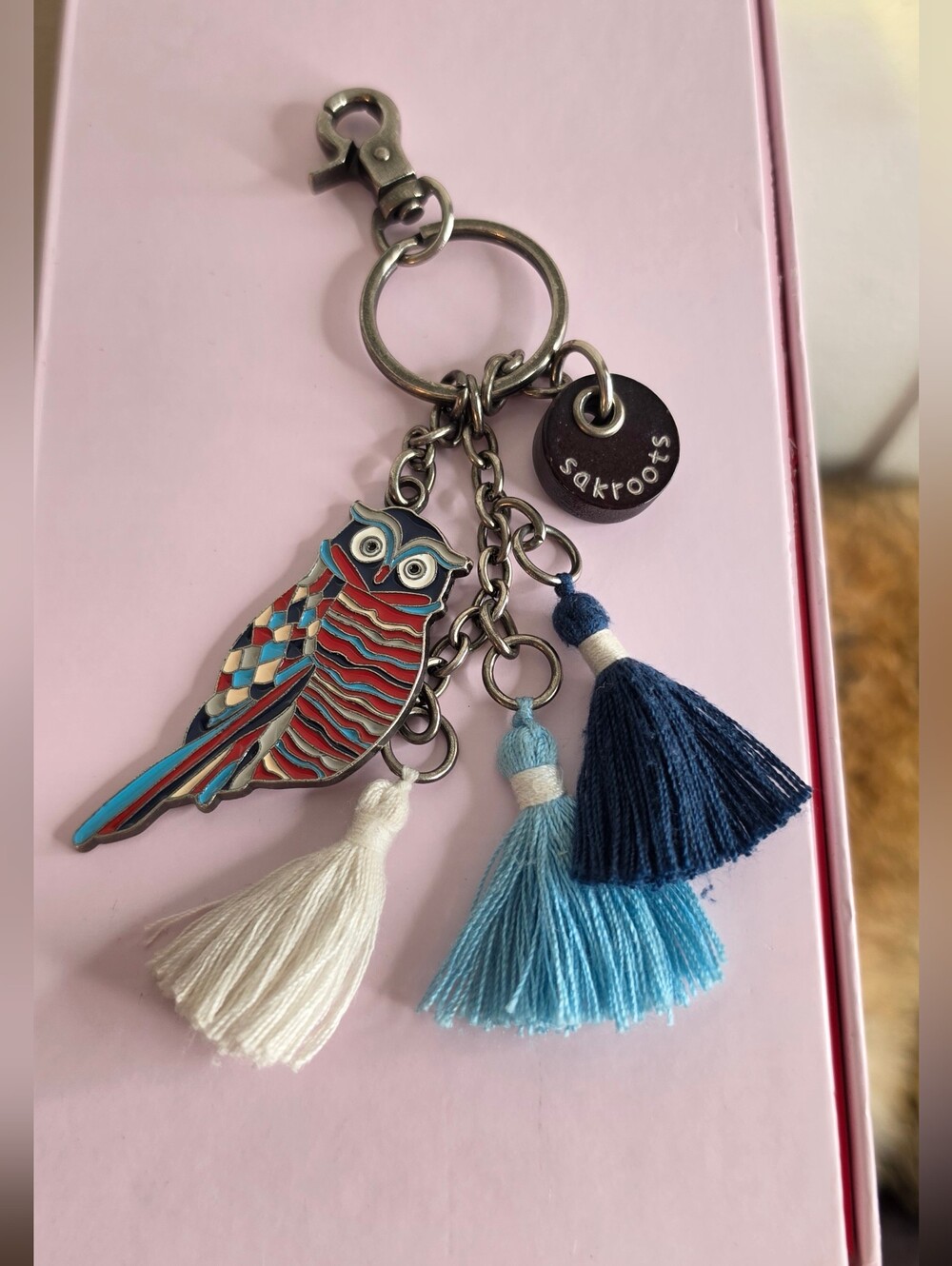 Sakroots Multicolor Enamel Owl Keychain with Blue & White Tassels